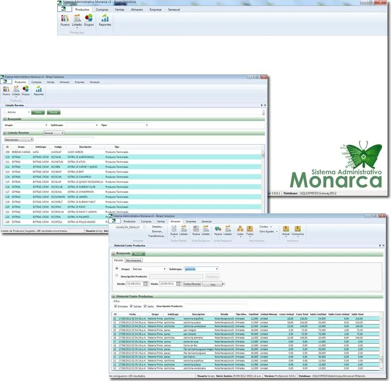 Monarca administrative system: product lists and inventory cost history