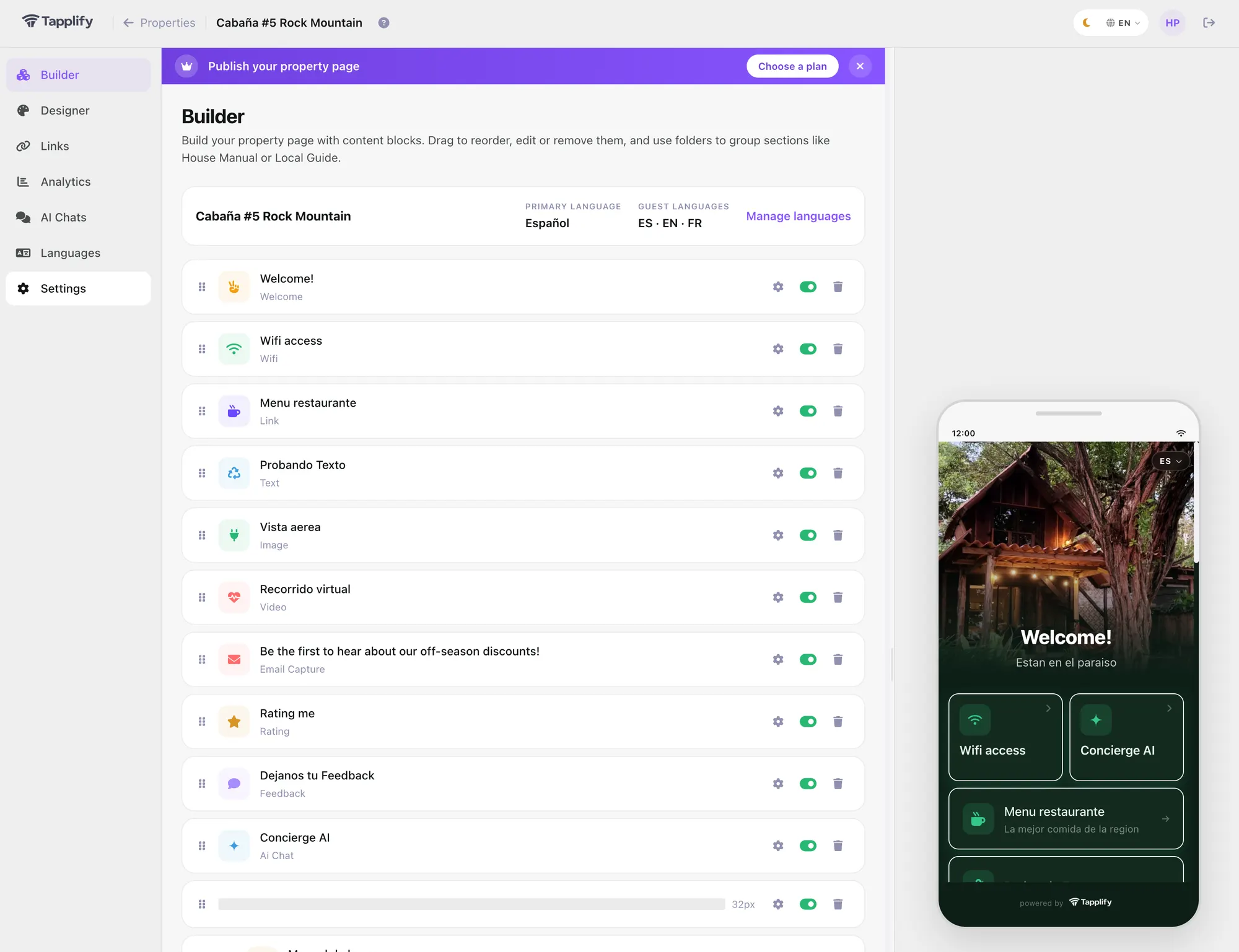Tapplify dashboard: property page builder with live guest preview